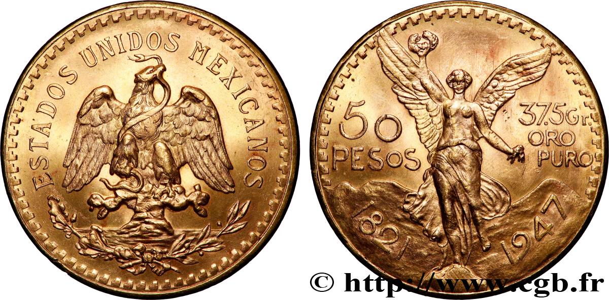 GOLD, PALLADIUM & PLATINUM INVESTMENT 50 Pesos or 1947 Mexico MS 