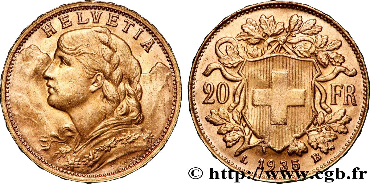 OR, PALLADIUM ET PLATINE INVESTISSEMENT 20 Francs  Vreneli  1935 Berne SPL 