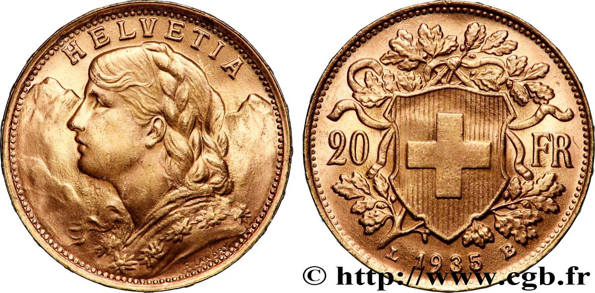 OR, PALLADIUM ET PLATINE INVESTISSEMENT 20 Francs  Vreneli  1935 Berne SPL 