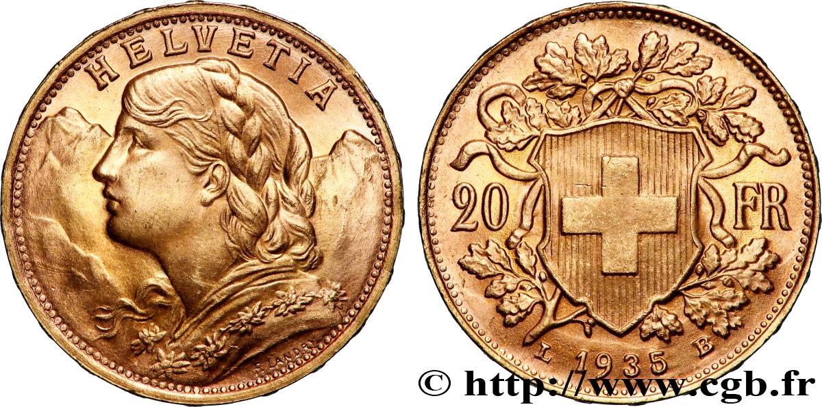 OR, PALLADIUM ET PLATINE INVESTISSEMENT 20 Francs  Vreneli  1935 Berne SPL 