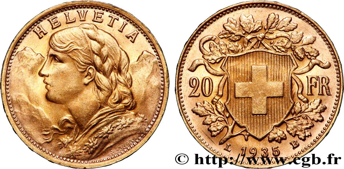 OR, PALLADIUM ET PLATINE INVESTISSEMENT 20 Francs  Vreneli  1935 Berne SPL 