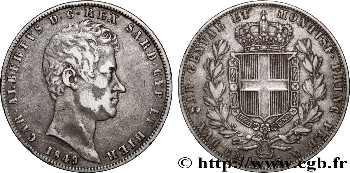 ITALIE - ROYAUME DE SARDAIGNE - CHARLES-ALBERT 5 Lire  1849 Gênes TTB 