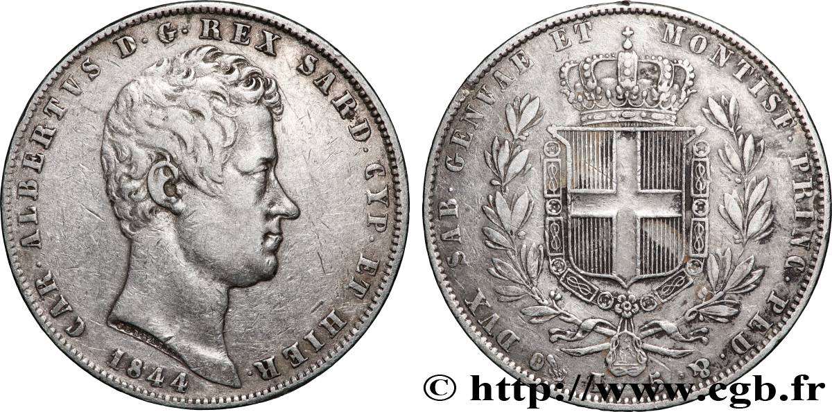 ITALIE - ROYAUME DE SARDAIGNE - CHARLES-ALBERT 5 Lire  1844 Gênes TB+ 