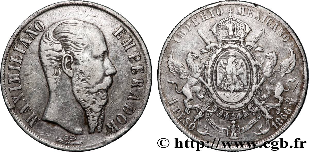 MEXIQUE - MAXIMILIEN Ier 1 Peso Empereur 1866 Mexico TB+ 