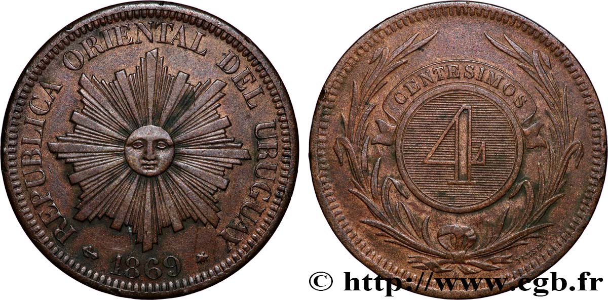 URUGUAY 4 Centesimos 1869 Paris TTB+ 