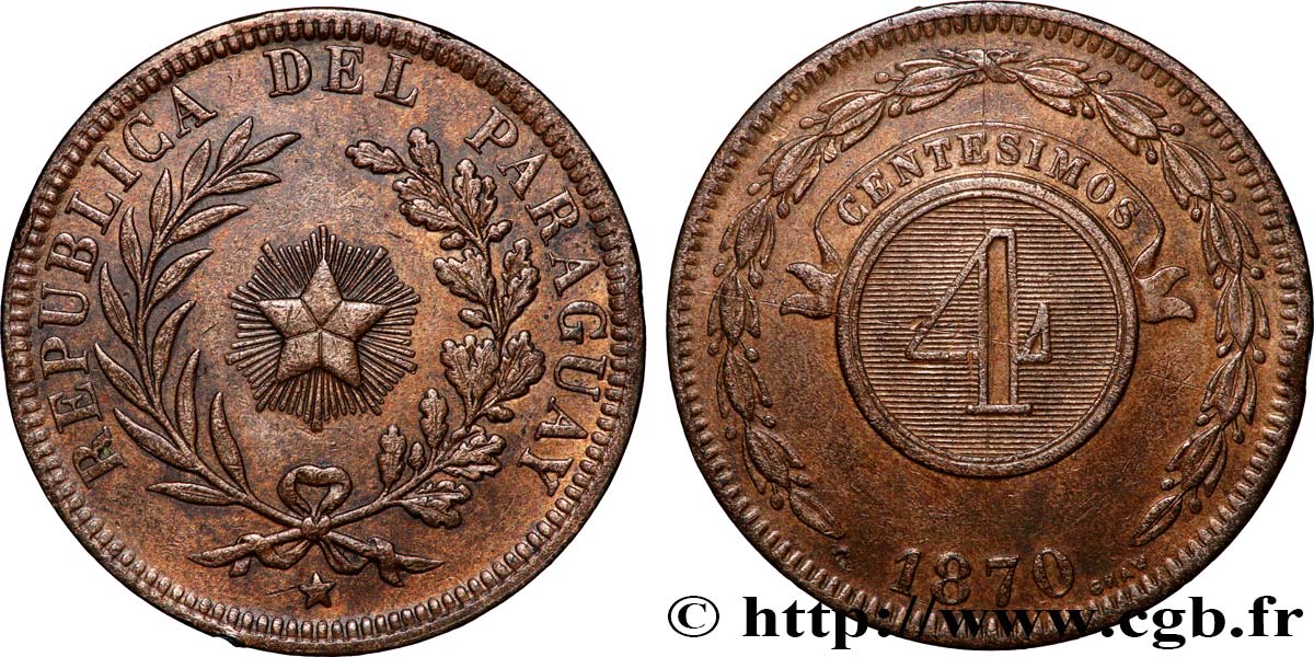 PARAGUAY 4 Centesimos 1870 Heaton TTB 
