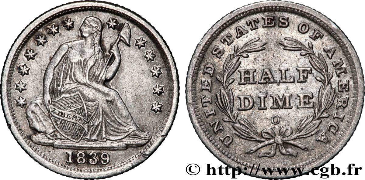 ÉTATS-UNIS D&nbsp;AMÉRIQUE 1/2 Dime (5 Cents) Liberté assise 1839 La Nouvelle-Orléans TTB 