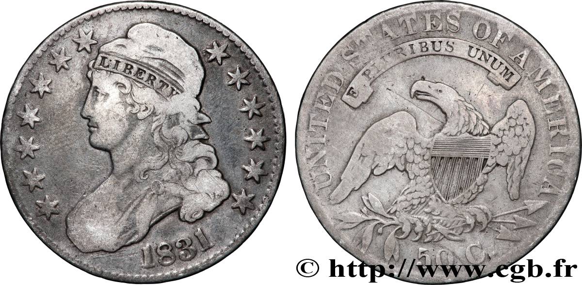 ÉTATS-UNIS D&nbsp;AMÉRIQUE 50 Cents (1/2 Dollar) type “Capped Bust” 1831 Philadelphie TB+ 