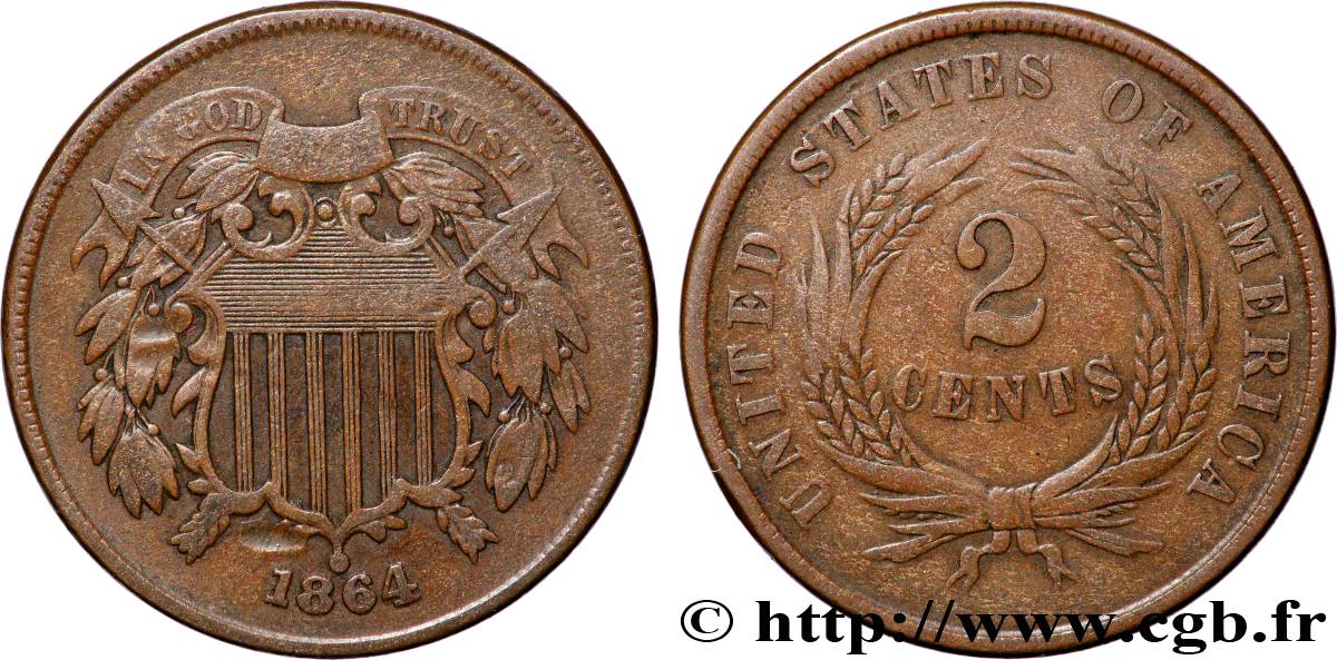 UNITED STATES OF AMERICA 2 Cents - Union Shield 1864 Philadelphie XF 