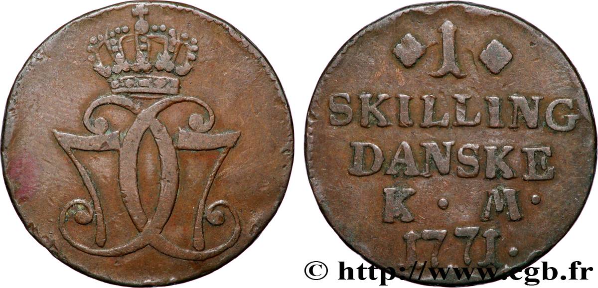 DANEMARK 1 Skilling Christian VII 1771 Copenhague TB+ 