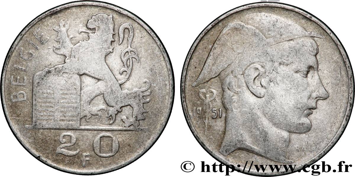 BELGIUM 20 Francs Mercure, légende flamande 1951 Bruxelles VF 