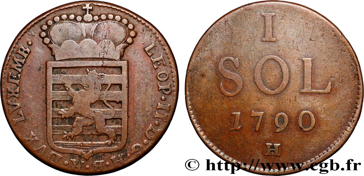 LUXEMBOURG 1 Sol emblème frappe au nom de Léopold II 1790 Günzburg TB+ 