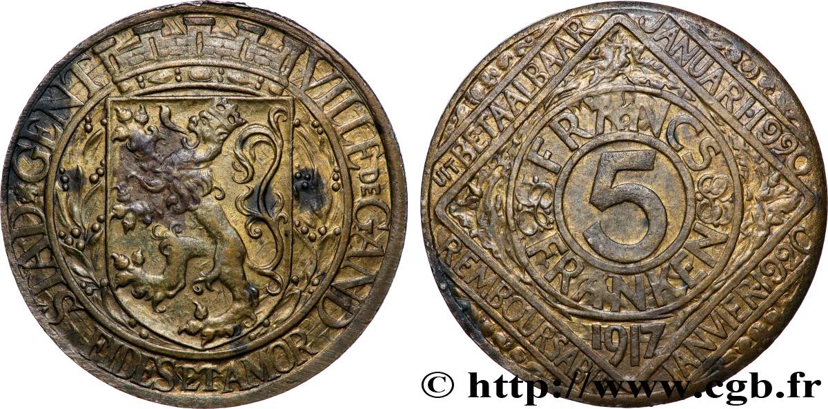 BELGIQUE 5 Francs ville de Gand occupée 1917  TTB+ 