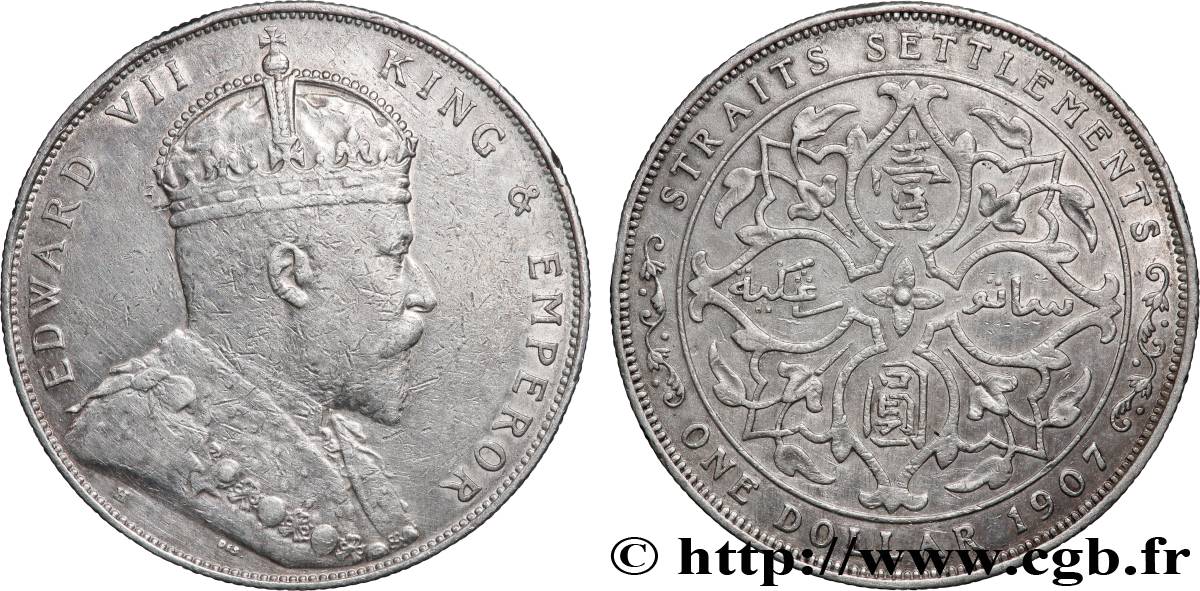MALAISIE - ÉTABLISSEMENTS DES DÉTROITS 1 Dollar Edouard VII 1907 Bombay TTB 