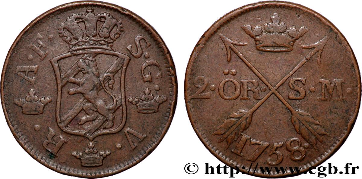 SUÈDE 2 Ore écu couronné 1758  TTB 