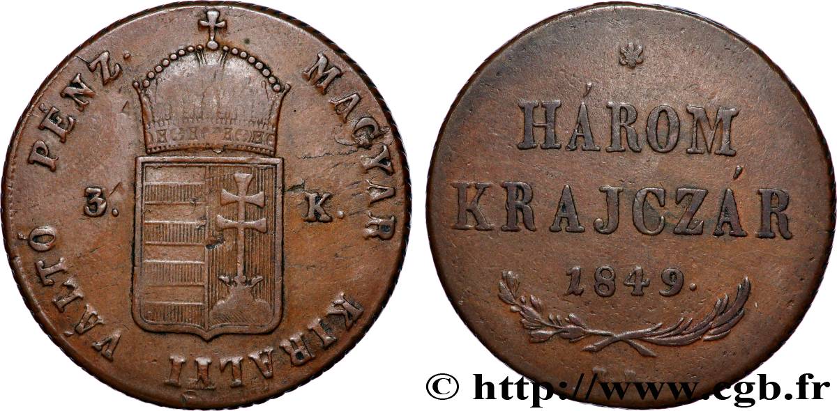 HONGRIE 3 Krajczar monnayage de la guerre d’indépendance 1849 Nagybanya TB+ 