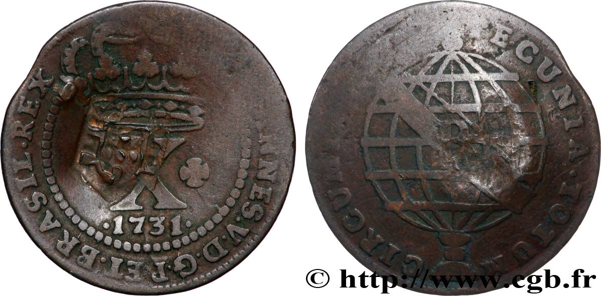 BRÉSIL - PRINCE JEAN REGENT 20 Réis contremarqué sur une 10 Réis de 1731 (1809) Lisbonne TTB 