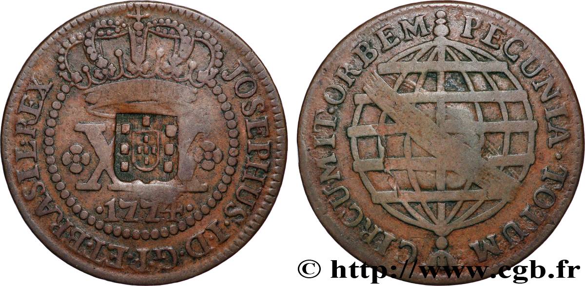 BRÉSIL - PRINCE JEAN REGENT 40 Réis contremarqué sur une 20 Réis de 1774 (1809) Rio de Janeiro TTB 