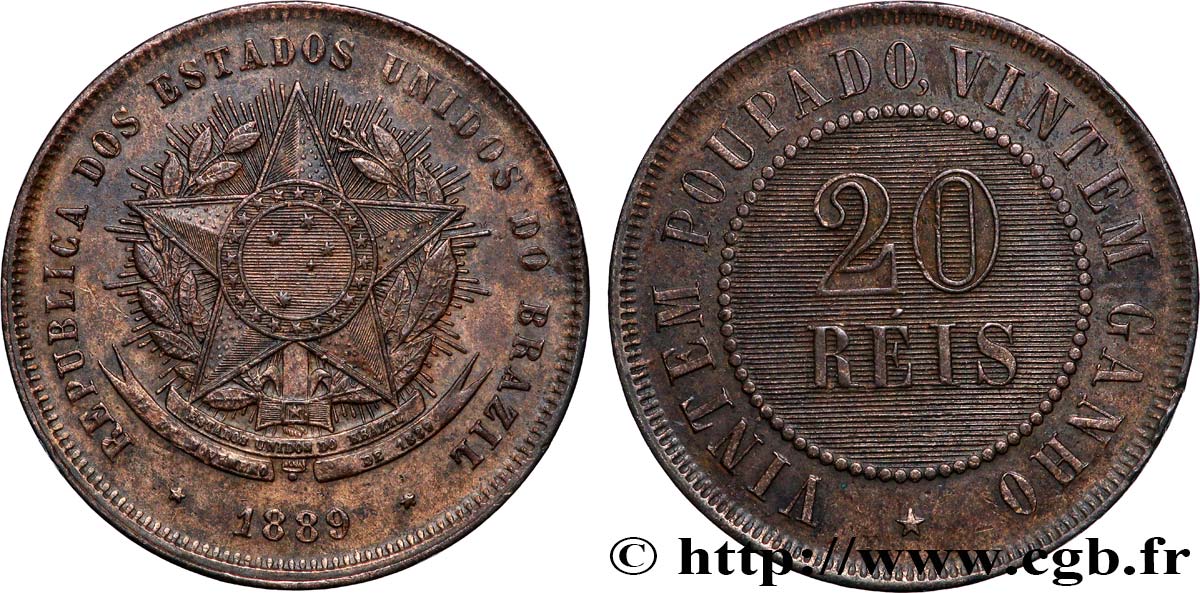 BRÉSIL 20 Reis 1889 Rio de Janeiro TTB+ 