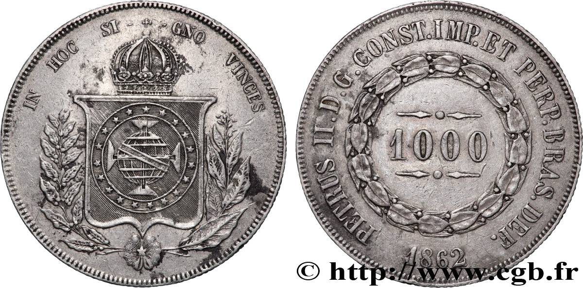 BRÉSIL 1000 Reis Empereur Pierre II 1862  TTB 