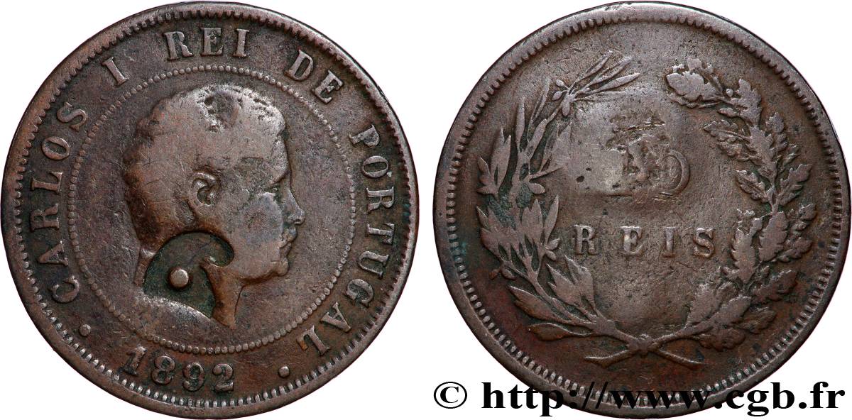 PORTUGAL - ROYAUME DU PORTUGAL - CHARLES Ier 20 Réis  1892 Lisbonne TB+ 