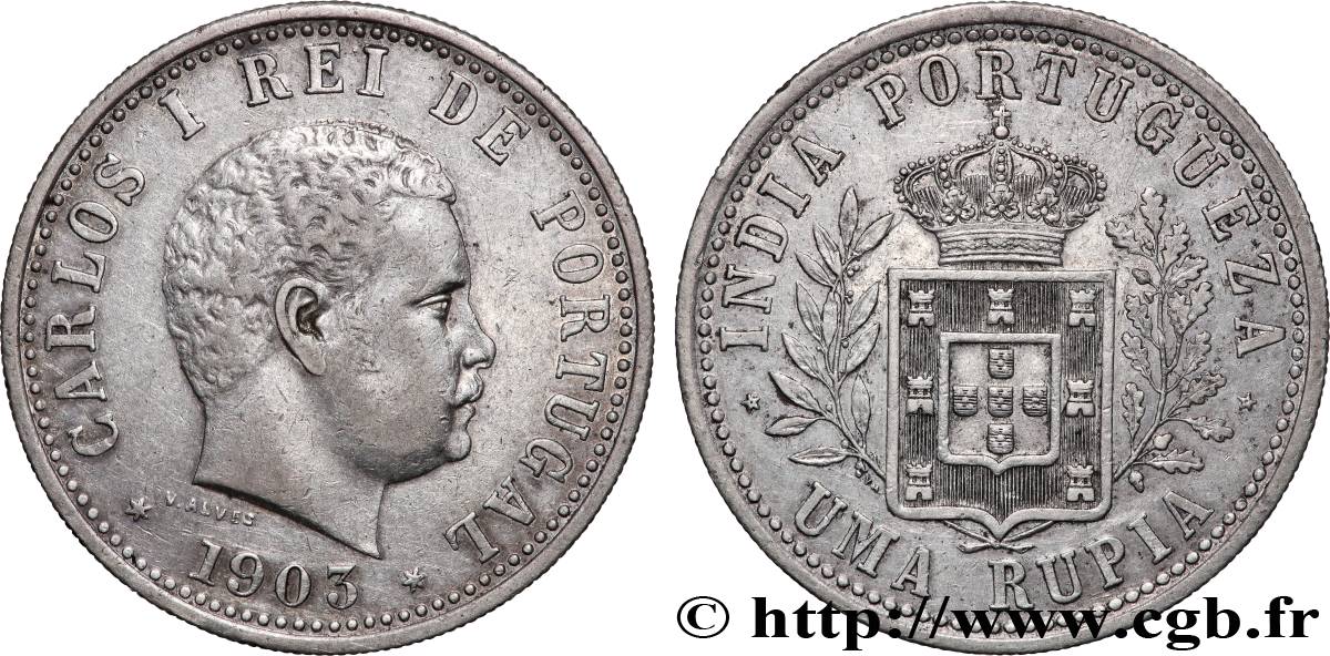 INDE PORTUGAISE 1 Rupia Charles Ier (Carlos) 1903  TTB 
