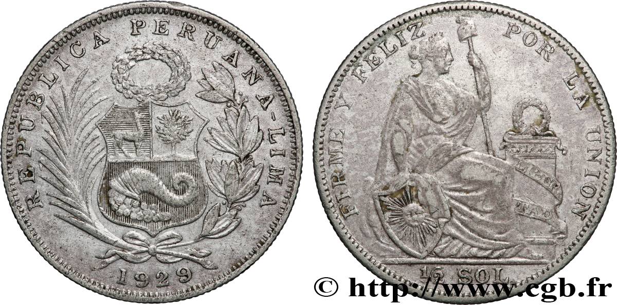 PÉROU 1/2 Sol “Liberté” 1929 Lima TTB 