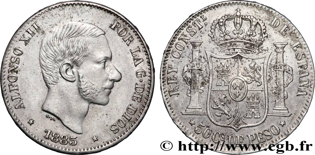PHILIPPINES 50 Centimos de Peso Alphonse XII 1885 Manille TTB+ 