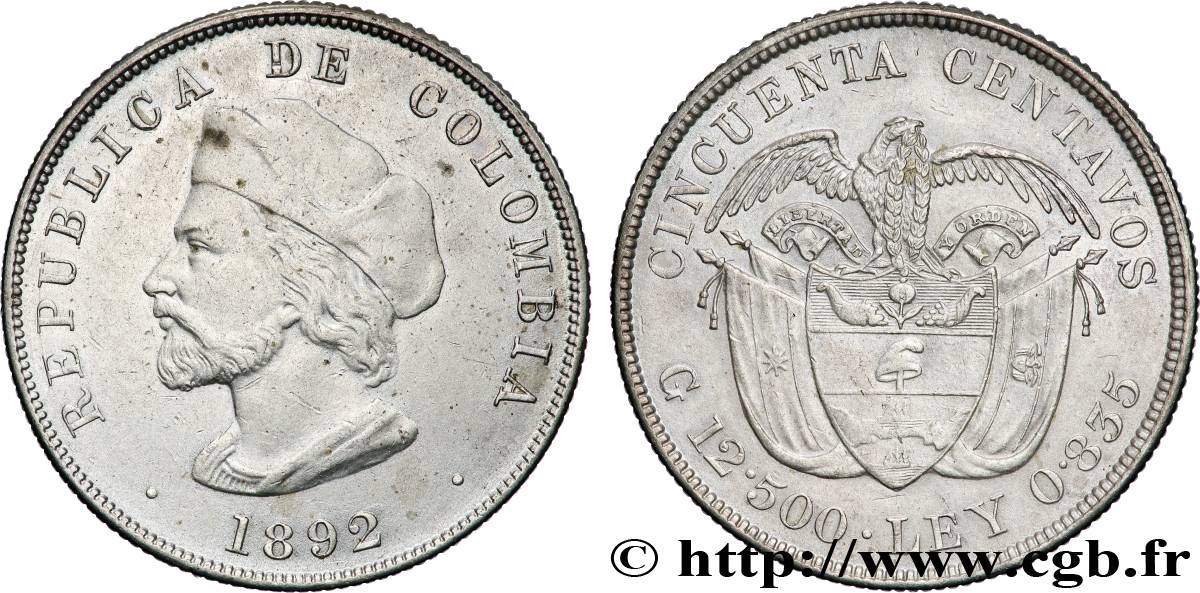 COLOMBIE 50 Centavos 1892  TTB 