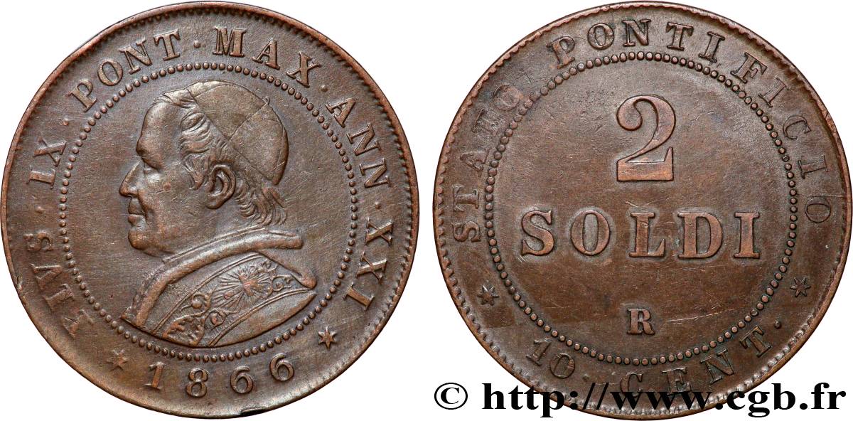 VATIKANSTAAT UND KIRCHENSTAAT 2 Soldi Pie IX an XXI 1866 Rome SS 