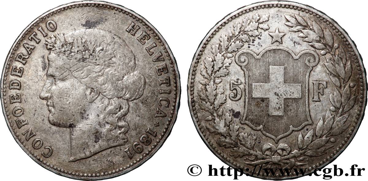 SUISSE 5 Francs Helvetia 1891 Berne TB+ 