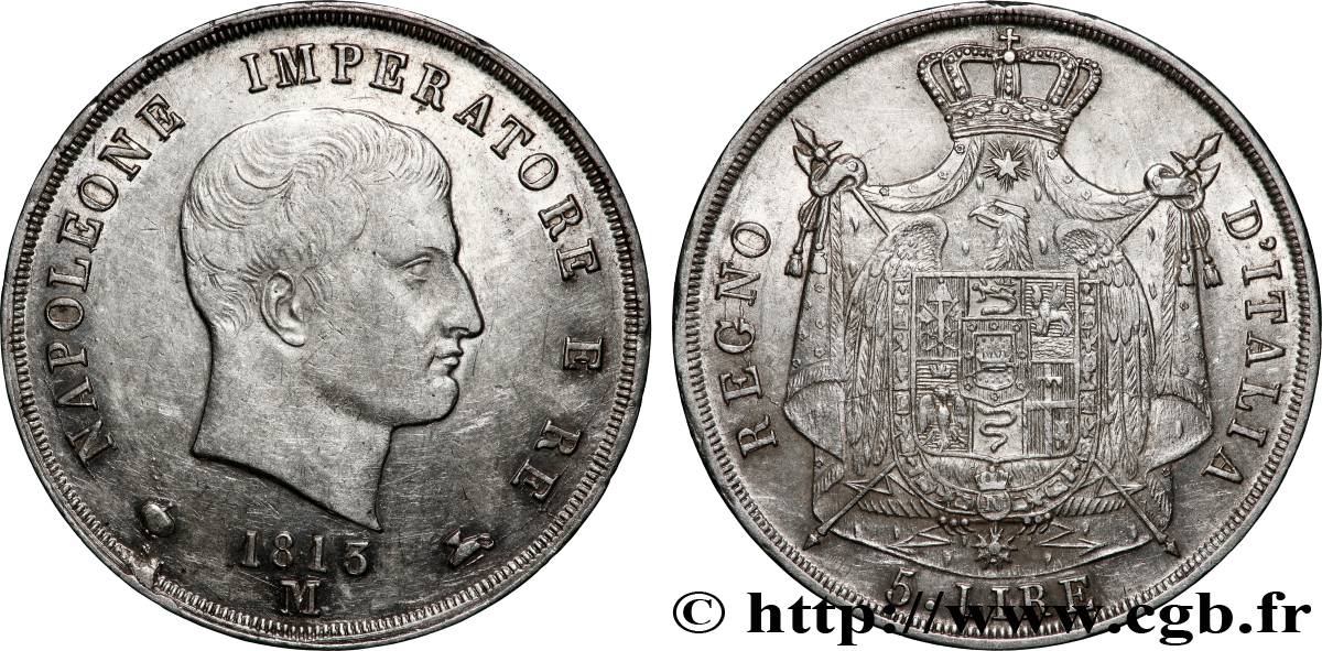 ITALIE - ROYAUME D&nbsp;ITALIE - NAPOLÉON Ier 5 Lire 1813 Milan SUP 