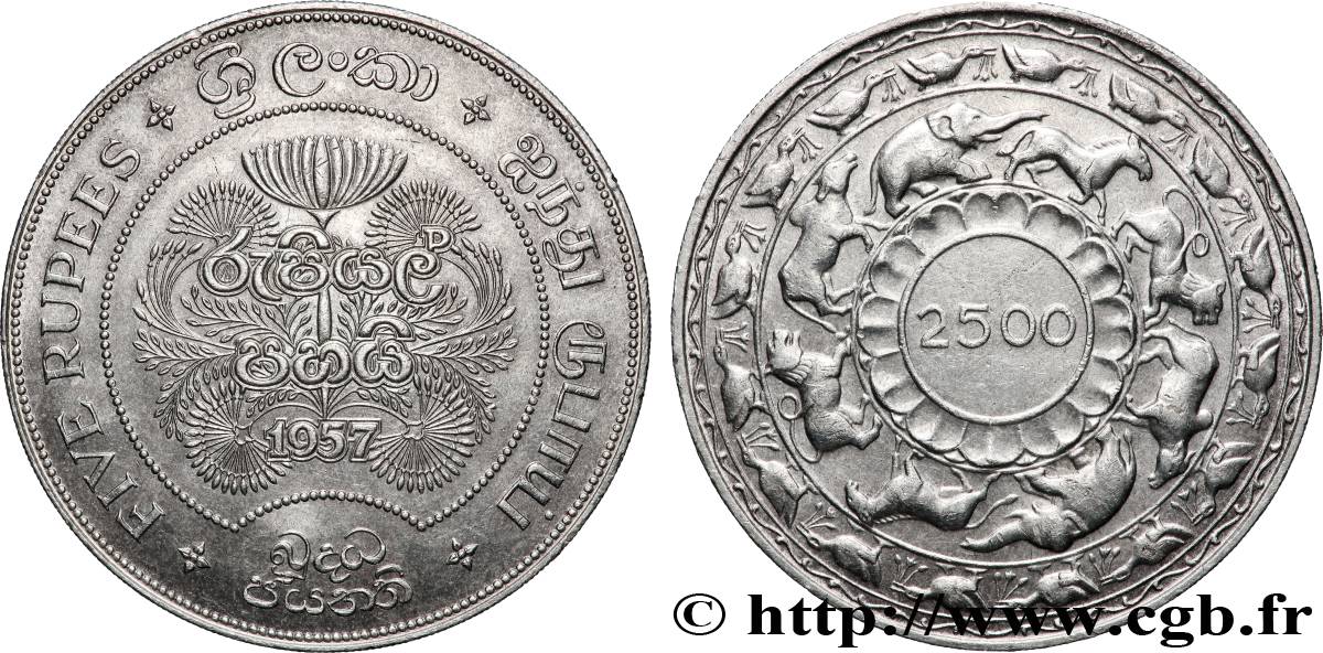 CEYLAN 5 Roupies (Rupees) 2500 ans de Bouddhisme 1957  SUP 