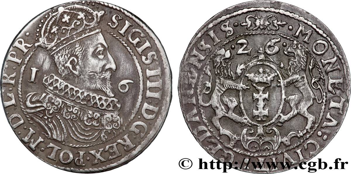 POLOGNE - ROYAUME DE POLOGNE - SIGISMOND III VASA 1/4 de Thaler 1626 Dantzig TTB+ 