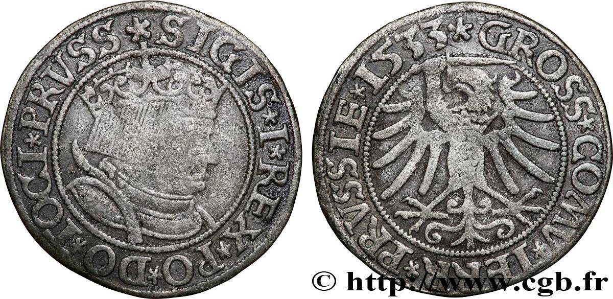 POLOGNE - SIGISMOND Ier LE VIEUX Gros 1533  TB+ 