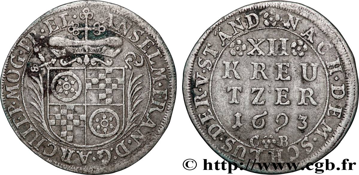 ALLEMAGNE - MAYENCE 12 Kreuzer 1693  TTB 