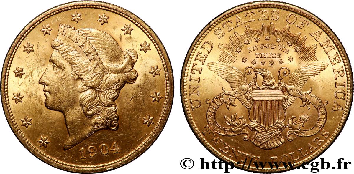 OR, PALLADIUM ET PLATINE INVESTISSEMENT 20 Dollars &nbsp;Liberty&nbsp; 1904 Philadelphie SUP 