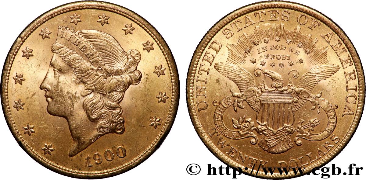 OR, PALLADIUM ET PLATINE INVESTISSEMENT 20 Dollars or  Liberty , avec In God we trust 1900 Philadelphie SUP 