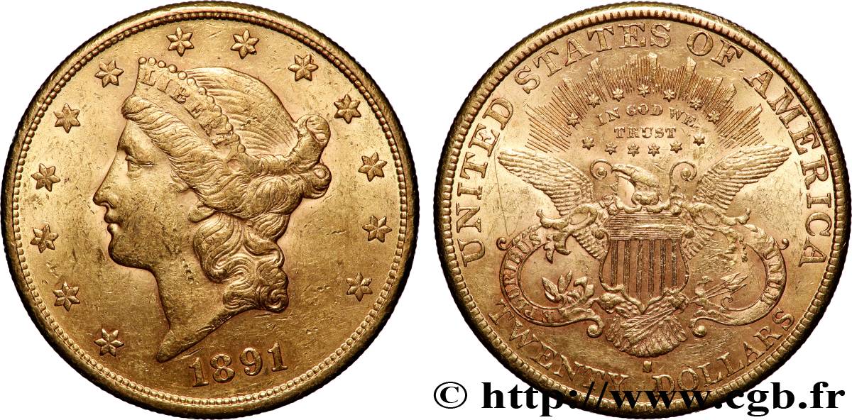 ORO, PALADIO Y PLATINO INVERSIÓN 20 Dollars  Liberty  1891 San Francisco MBC+ 