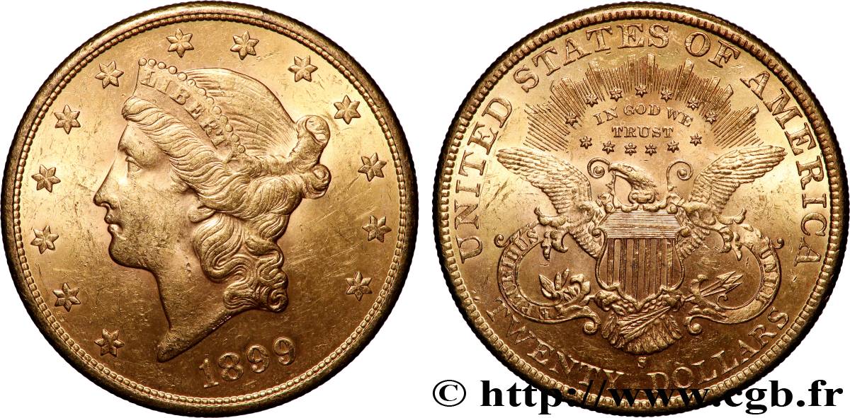 OR, PALLADIUM ET PLATINE INVESTISSEMENT 20 Dollars &nbsp;Liberty&nbsp; 1899 San Francisco TTB+ 