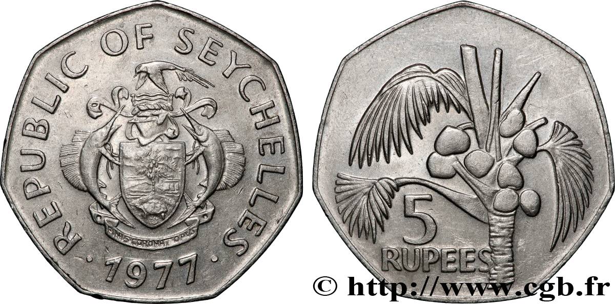 SEYCHELLES 5 Rupees Cocotier 1977 Heaton AU 