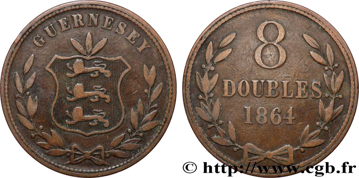 GUERNSEY 8 Doubles armes du baillage de Guernesey 1864 Heaton VF 