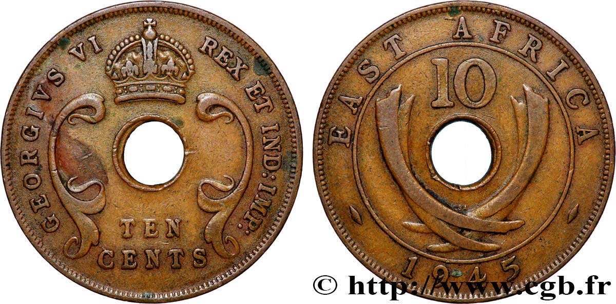 EAST AFRICA (BRITISH) 10 Cents (Georges VI) 1945 South Africa - SA XF 