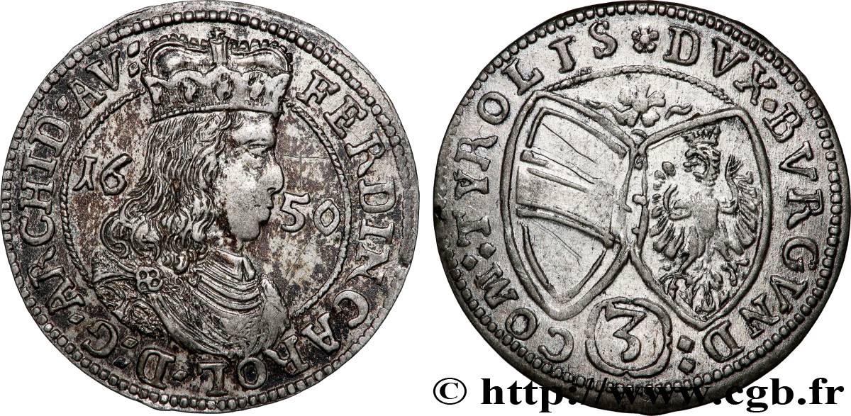 AUTRICHE - TYROL - FERDINAND-CHARLES 3 Kreuzer 1650 Hall TTB 