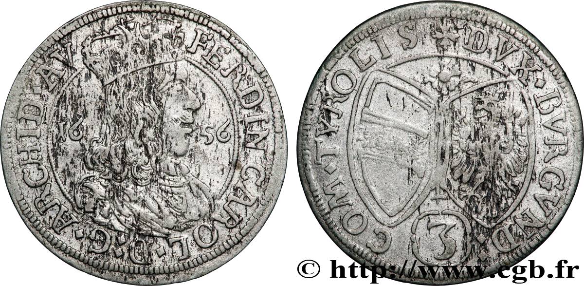 AUTRICHE - TYROL - FERDINAND-CHARLES 3 Kreuzer 1656 Hall TTB 