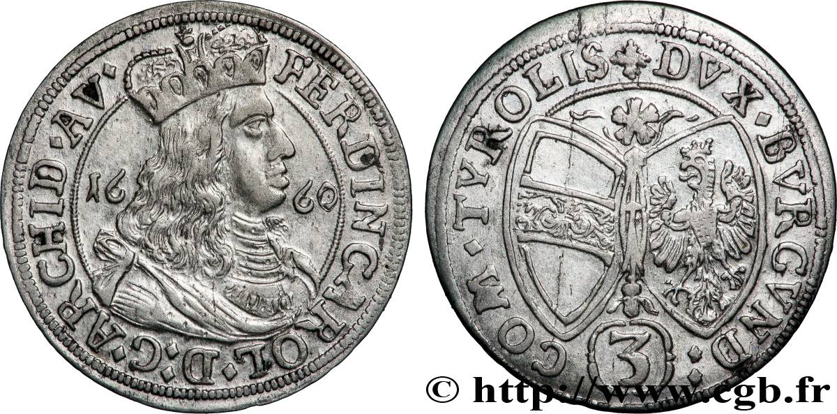 AUTRICHE - TYROL - FERDINAND-CHARLES 3 Kreuzer 1660 Hall TTB+ 