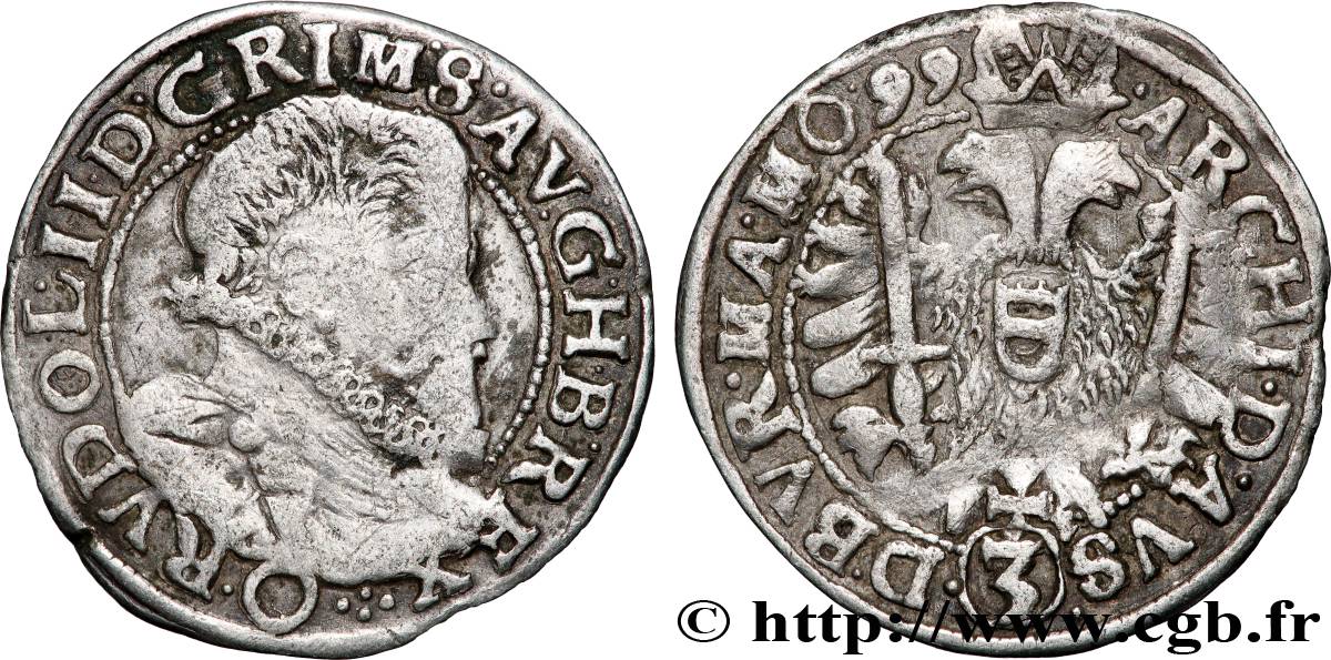 AUTRICHE- RODOLPHE II DE HABSBOURG 3 Kreuzer 1599 Vienne TB+ 