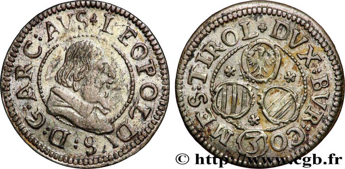 AUTRICHE - COMTÉ DE TYROL - LÉOPOLD V 3 Kreuzer n.d. Hall TTB+ 