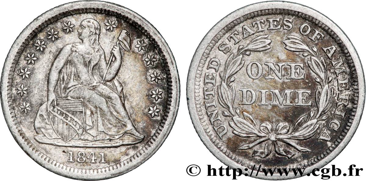 ÉTATS-UNIS D&nbsp;AMÉRIQUE 1 Dime Liberté assise 1841 Philadelphie TTB 