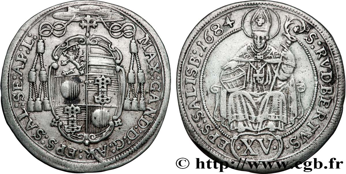 AUTRICHE - SALZBOURG 15 Kreuzer Archevéché de Salzbourg frappé au nom de Maximilien Gandolph / St Rupert assis 1684  TTB 
